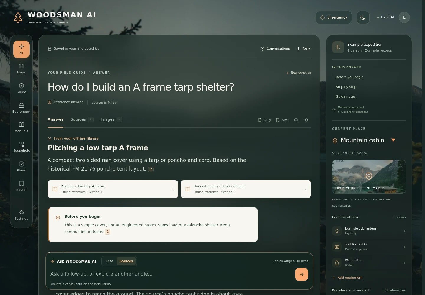 Woodsman AI showing a source linked field answer, with separate guidance and supporting references