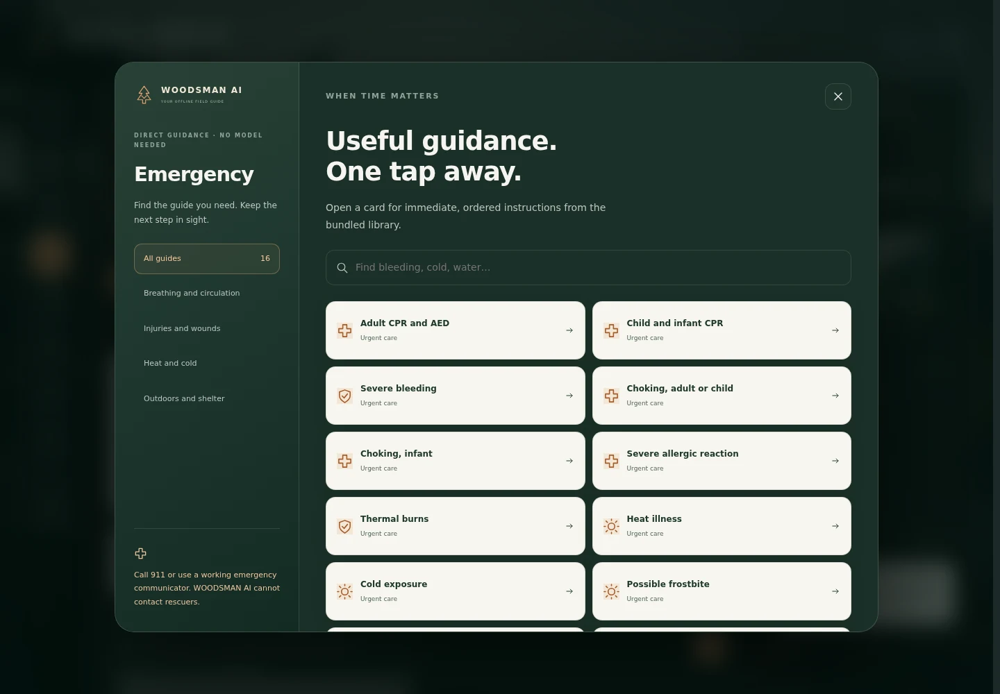 Woodsman AI Emergency screen with direct first aid and field guidance cards