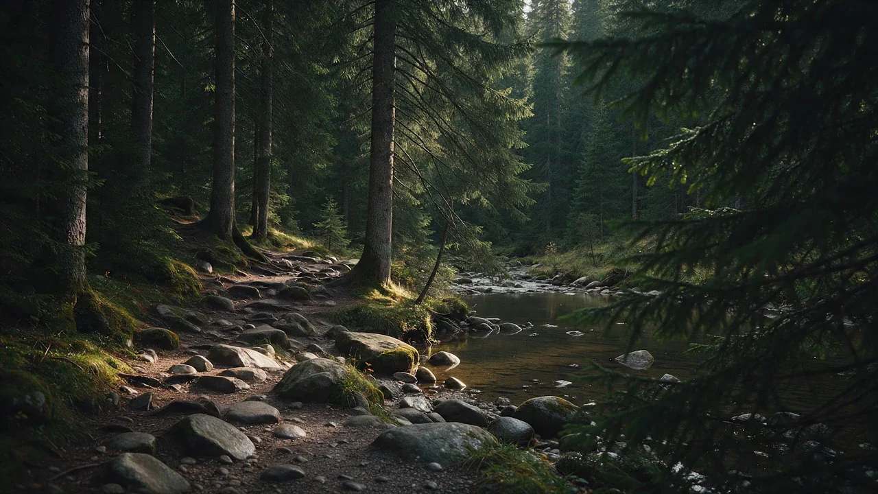 Illustrative forest trail beside a stream